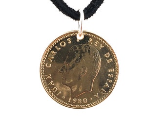 Spanish Coin Necklace, 1 Peseta, Coin Pendant, Mens Necklace, Womens Necklace, Leather Cord, Handmade, Birth Year, 1980, Vintage