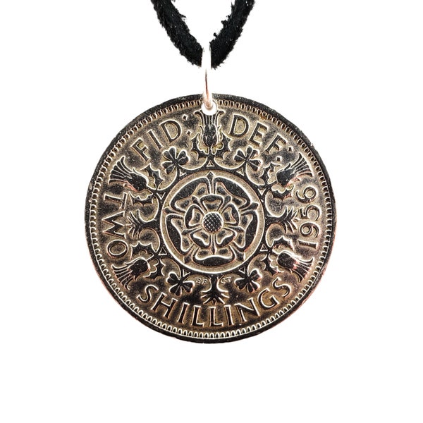 English Coin Necklace, Two 2 Shillings, Mens Necklace, Womens Necklace, Coin Pendant, Leather Cord, 1955, 1956, 1958, 1959 Vintage