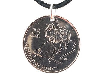 Olympic Coin Necklace, Canada 25 Cent, Coin Pendant, Bobsled, Leather Cord, Mens Necklace, Womens Necklace, 2008