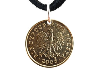 Polish Eagle Coin Necklace, 2 Grosze, Coin Pendant, Leather Cord, Mens Necklace, Womens Necklace, 2001 2006 2007 Groszy