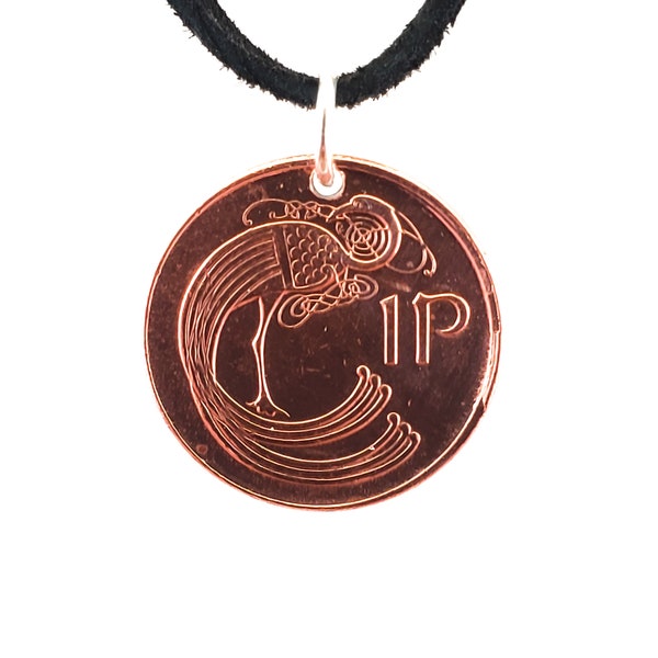 Irish Coin Necklace, 1 Pence, Mens Necklace, Womens Necklace, Coin Pendant, Leather Cord, Vintage, 1990 1992 1993 1996 1998