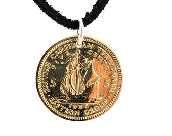 Boat Coin Necklace, Caribbean 5 Cents, Coin Pendant, Handmade, Leather Cord, Mens Necklace, Womens Necklace, 1955