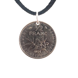 French Coin Necklace, 1/2 Franc, Coin Pendant, Mens Necklace, Womens Necklace, Leather Cord, Vintage, 1971, 1974, 1978