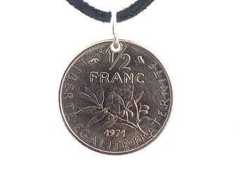 French Coin Necklace, 1/2 Franc, Coin Pendant, Mens Necklace, Womens Necklace, Leather Cord, Vintage, 1971, 1974, 1978