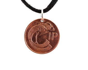 Irish Coin Necklace, 1 Penny, Coin Pendant, Leather Cord, Mens Necklace, Womens Necklace, Birth Year, 2000