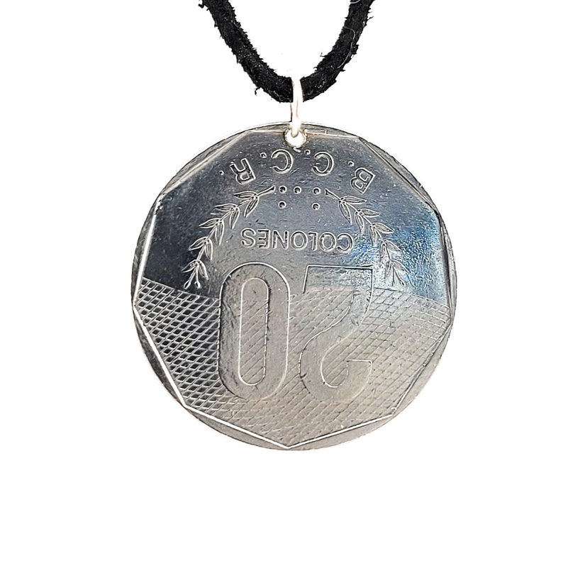 Costa Rica Coin Necklace, 20 Colones, Coin Pendant, Leather Cord, Mens Necklace, Womens Necklace, 1983, 1985 image 6