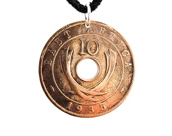 East African Coin Necklace, 10 Cents, Coin Pendant, Mens Necklace, Womens Necklace, Leather Cord, Vintage, Birth Year, 1935 1936 1939