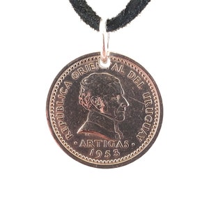 Uruguay Coin Necklace, 2 Centesimos, Coin Pendant, Mens Necklace, Womens Necklace, Leather Cord, Vintage, 1953