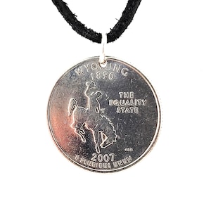 Wyoming Coin Necklace, United States, Quarter, Mens Necklace, Womens Necklace, 2007, Leather Cord, Handmade, Horse