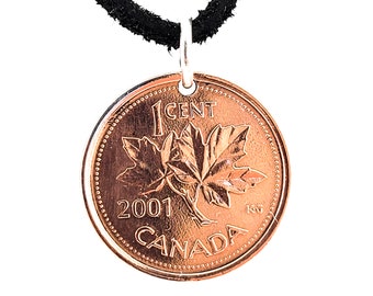 Canadian Coin Necklace, 1 Cent, Mens Necklace, Womens Necklace, Coin Pendant, Leather Cord, Birth Year, 2000, 2006
