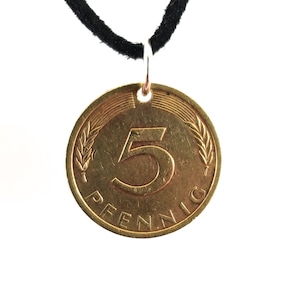 German Coin Necklace, 5 Pfennig, Coin Pendant, Leather Cord, Men&#39;s Necklace, Women&#39;s Necklace, 1971, 1977