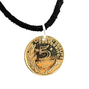 French Coin Necklace, 5 Centimes, Coin Pendant, Leather Cord, Mens Necklace, Womens Necklace, Birth Year, 1997