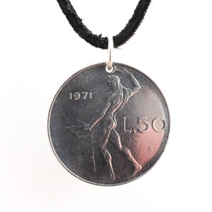 Italian Coin Necklace, 50 Lire, Coin Pendant, Leather Cord, Mens Necklace, Womens Necklace, 1971, 1972, 1973, 1974, 1977, 1978, 1979