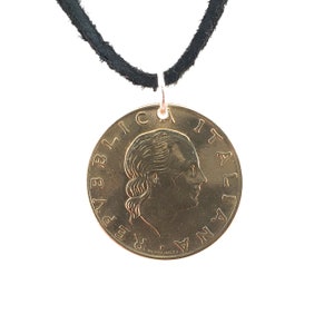 Italian Coin Necklace, 200 Lire, Coin Pendant, Mens Necklace, Womens Necklace, Leather Cord, Vintage, 1980, 1985 1987 1988