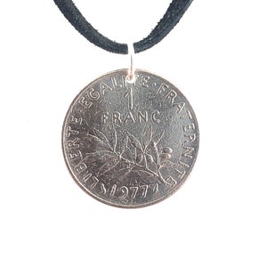 French Coin Necklace, 1 Franc, Coin Pendant, Mens Necklace, Womens Necklace, Leather Cord, 1970, 1976, 1977, Vintage