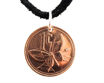 Butterfly Coin Necklace, Papua  New Guinea, 1 Toea, Coin Pendant, Bird Pendant, Leather Cord, Mens Necklace, Womens Necklace, 1984