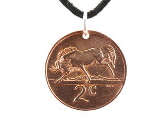 1984 South African Coin Necklace, Wildebeest, 2 Cents, Mens Necklace, Womens Necklace, Coin Pendant, Leather Cord, Vintage