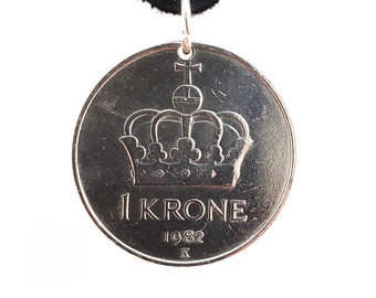 Norway Coin Necklace, Coin Pendant, 1 Krone, Mens Necklace, Womens Necklace, Leather Cord, 1982, 1983, Vintage