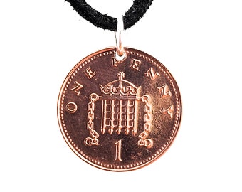 English Coin Necklace, 1 Penny, Coin Pendant, Leather Cord, Mens Necklace, Womens Necklace, Birth Year, 2000, 2004, 2007