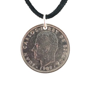 Spanish Coin Necklace, 5 Pesetas, Coin Pendant, Leather Cord, Mens Necklace, Womens Necklace, 1984, 1989