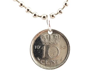 Small Netherlands Coin Necklace, Pendant, 10 Cents, Mens Necklace, Womens Necklace, Leather Cord, 1960, 1962, 1964, 1965, 1966, Vintage