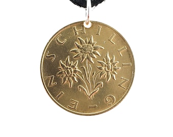 Austrian Edelweiss Coin Necklace, 1 Schilling, Coin Pendant, Mens Necklace Womens Necklace, Leather Cord Birth Year 1970 1971 1972 1973 1974