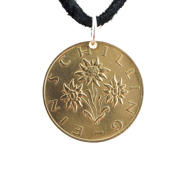 Austrian Edelweiss Coin Necklace, 1 Schilling, Coin Pendant, Mens Necklace Womens Necklace, Leather Cord Birth Year 1970 1971 1972 1973 1974