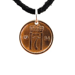 Norway Coin Necklace, 1 Ore, Small, 1954, Mens Necklace, Womens Necklace, Leather Cord, Handmade, Vintage, Birth Year