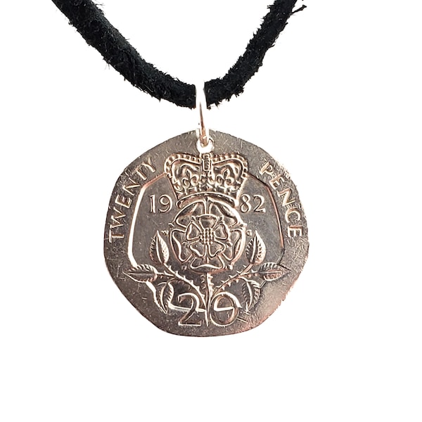 English Coin Necklace, Tudor Rose, 20 Pence, Coin Pendant, Mens Necklace, Womens Necklace, Leather Cord, 1982, 1983, 1989