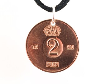 Swedish Coin Necklace, 2 Ore, Coin Pendant, Leather Cord, Mens Necklace, Womens Necklace, Birth Year, 1960, 1962, 1963, 1969