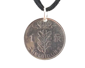 Belgium Coin Necklace, 1 Franc, Coin Pendant, Leather Cord, Mens Necklace, Womens Necklace, 1969