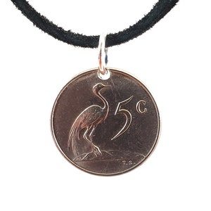 South Africa Coin Necklace, 5 Cent, Coin Pendant, Bird Coin, Handmade, Leather Cord, Mens Necklace, Womens Necklace, 1965, 1968