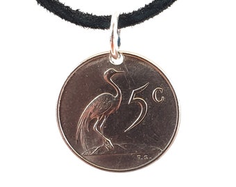 South Africa Coin Necklace, 5 Cent, Coin Pendant, Bird Coin, Handmade, Leather Cord, Mens Necklace, Womens Necklace, 1965, 1968