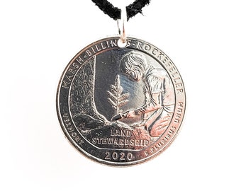 Tree Coin Necklace, United States Quarter, 25 Cents, Pendant, Vermont, Mens Necklace, Womens Necklace, Leather Cord, Handmade, 2020