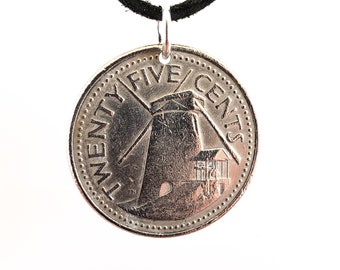 Barbados Coin Necklace, 25 Cents, Windmill, Mens Necklace, Womens Necklace, Coin Pendant, Leather Cord, 2000, 2011