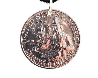 Bicentennial Coin Necklace, Pendant, United States Quarter, 25 Cents, Mens Necklace, Womens Necklace, Leather Cord, Handmade, Vintage, 1976