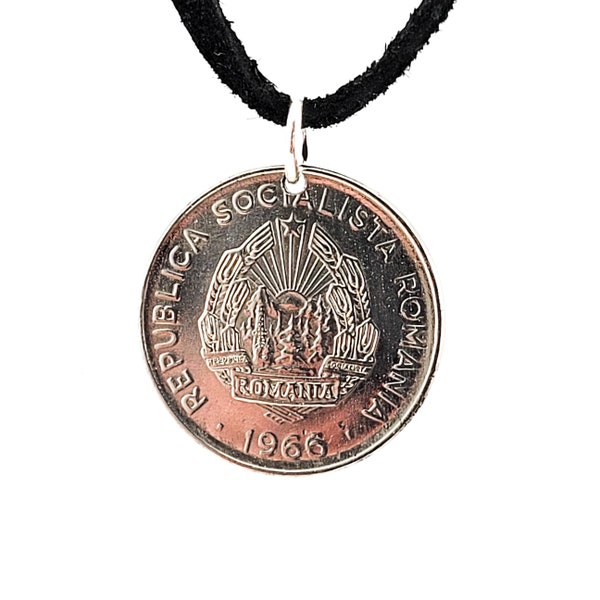 Romania Coin Necklace, Pendant, 25 Bani, Mens Necklace, Womens Necklace, Leather Cord, 1966, Handmade, Vintage, Birth Year