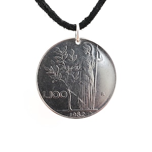 Italian Coin Necklace, 100 Lire, Mens Necklace, Womens Necklace, Coin Pendant, Leather Cord, Vintage, 1982, 1989
