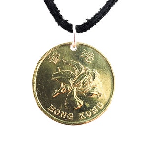 Flower Coin Necklace, Hong Kong 50 Cents, Mens Necklace, Womens Necklace, Coin Pendant, Leather Cord, Birth Year, 1994, 1997
