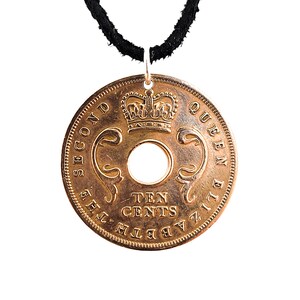 East Africa Coin Necklace, 10 Cents, Coin Pendant, Leather Cord, Mens Necklace, Womens Necklace, 1952, 1956