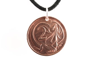 Australian Coin Necklace, Womens Necklace, Mens Necklace, Coin Pendant, 2 Cents, Leather Cord, 1971 1972 1974 1975 1976 1977 1978 1970s