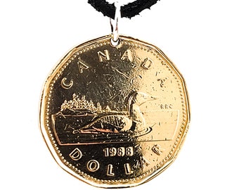 Canadian Coin Necklace, 1 Dollar, Loonie, Coin Pendant, Mens Necklace, Womens Necklace, Leather Cord, Birth Year, 1987, 1988, 1989