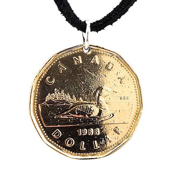 Canadian Coin Necklace, 1 Dollar, Loonie, Coin Pendant, Mens Necklace, Womens Necklace, Leather Cord, Birth Year, 1987, 1988, 1989