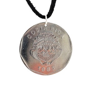 Costa Rica Coin Necklace, 20 Colones, Coin Pendant, Leather Cord, Mens Necklace, Womens Necklace, 1983, 1985 image 3