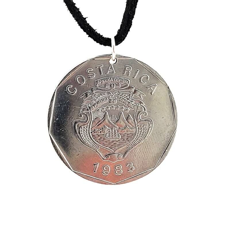 Costa Rica Coin Necklace, 20 Colones, Coin Pendant, Leather Cord, Mens Necklace, Womens Necklace, 1983, 1985 image 3