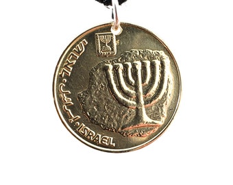 Israel Coin Necklace, Coin Pendant, 10 Agorot, Mens Necklace, Womens Necklace, Leather Cord, Jewish, Vintage