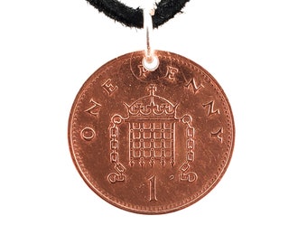 England Coin Necklace, 1 Penny, Coin Pendant, Leather Cord, Mens Necklace, Womens Necklace, Birth Year, 1994, 1995, 1997, 1999