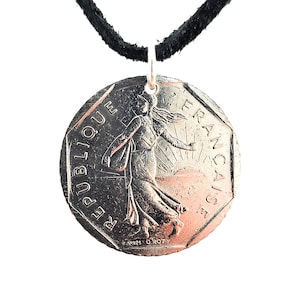 French Coin Necklace, 2 Francs, Mens Necklace, Womens Necklace, Coin Pendant, Leather Cord, 1979, Vintage