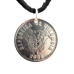 Colombia Coin Necklace, 50 Pesos, Mens Necklace, Womens Necklace, Coin Pendant, Leather Cord, 2007, 2008, Birthday