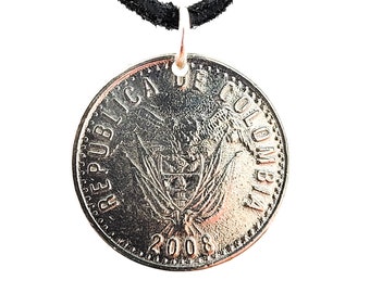 Colombia Coin Necklace, 50 Pesos, Mens Necklace, Womens Necklace, Coin Pendant, Leather Cord, 2007, 2008, Birthday